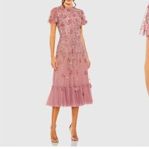 Mac Duggal Pink Embellished High Neck Flutter Sleeve A Line Dress